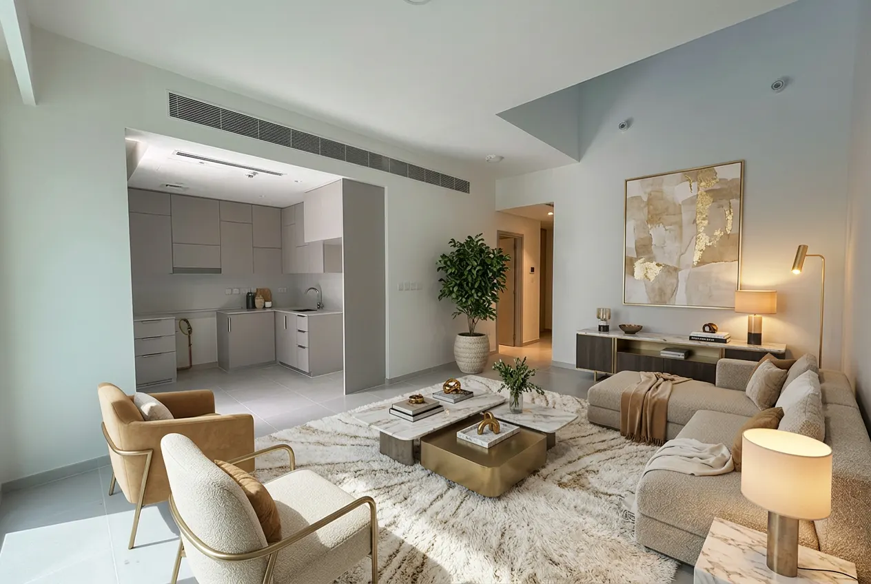 AI-generated visualisation of the living room of 3 bed villa to rent in Bliss 2, Bliss 2, Arabian Ranches 3, modern luxury: only the furnishings and lighting are changed, and the walls, windows, doors and size of the room are as in the listing photo. Not an actual listing photo